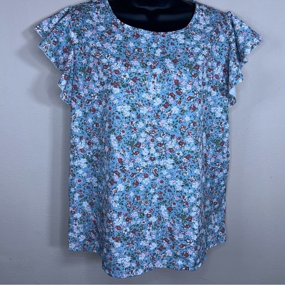 LARGE BLUE RUFFLE SLEEVE BLOUSE TOP LIGHTWEIGHT PASTEL SHORT SLEEVE - Picture 5 of 9